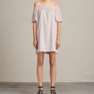 ALLSAINTS Livia Pink Off-Shoulder Bardot Eyelet Mini Shift Dress Size Small